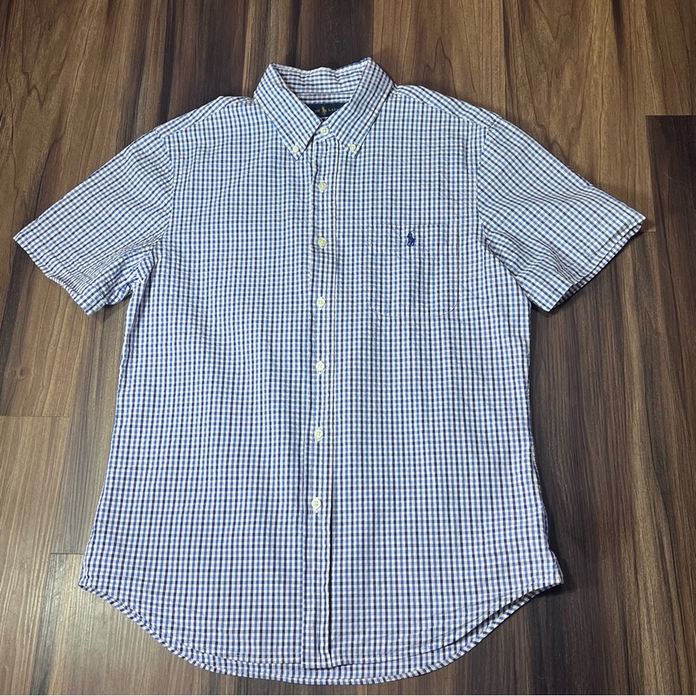 Ralph Lauren Shirt Mens LG Blue Plaid SEERSUCKER Short Sleeve Button Down Polo
